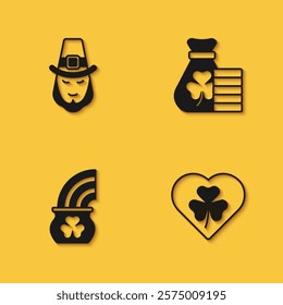 Set Leprechaun, Heart with clover trefoil leaf, Pot of gold rainbow and Money bag icon with long shadow. Vector