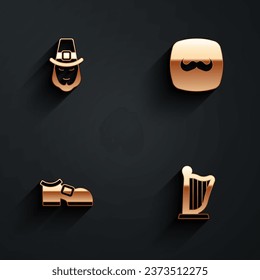 Set Leprechaun, Mustache, boot and Harp icon with long shadow. Vector