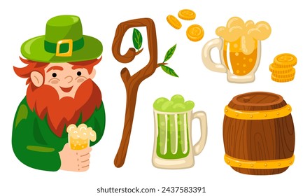 Set of leprechauns with beer in mugs, in a barrel, coins and a spring stick with leaves. Cute vector drawn leprechaun. Happy St. Patrick's Day. Funny character leprechaun, a set of objects. Isolated