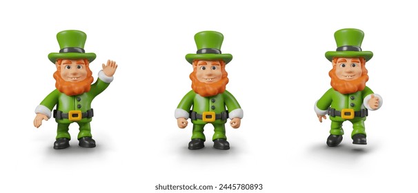 Set of leprechauns in different poses. Mythical man in green clothes
