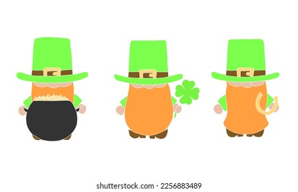 Set of leprechauns. Leprechaun with cauldron and coins, shamrock, horseshoe. St. Patrick's element, symbol. Vector illustration.