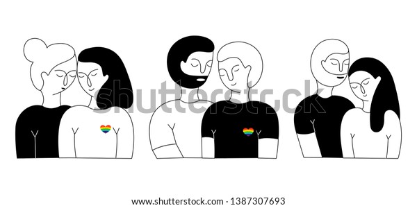 リスビア人の夫婦 ゲイの夫婦 異性愛の夫婦のセット 同性愛の関係 Lgbtの夫婦 手描きのベクターイラスト のベクター画像素材 ロイヤリティフリー