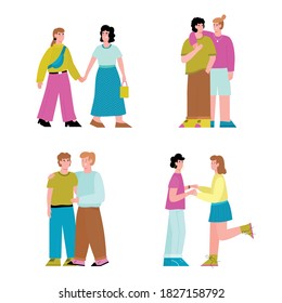 Set of lesbian and gay couples spending time together. Pride month pictures of lgbt love and support, flat cartoon vector illustration isolated white background