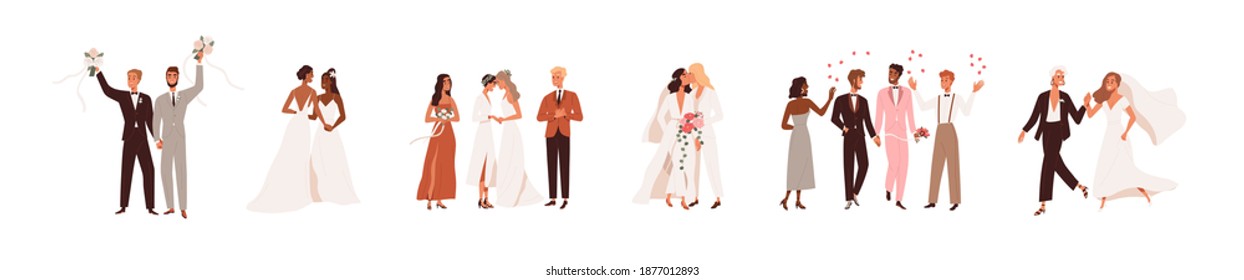 Set of lesbian and gay newlywed couples vector flat illustration. Collection of cute lgbt wedding ceremonies isolated on white. Romantic scenes with happy same sex spouses celebrating marriage