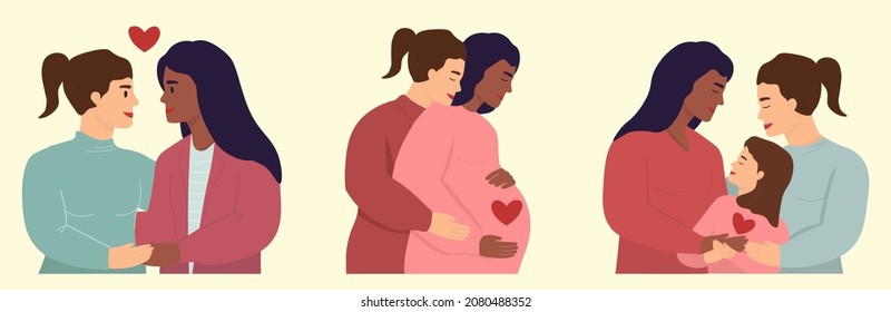 Set With Lesbian Women. A Loving Female Family, Pregnant, The Birth And Upbringing Of A Child. The Concept Of Tolerance, Equality, Acceptance Of Homosexuality. Vector Graphics.