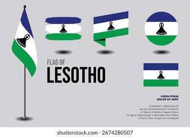 Conjunto de bandera de Lesoto en 5 diseños: bandera en el poste, trazo de pincel, sesgo, redondo y estándar. Vector, plano, aislado sobre fondo gris. Perfecto para varios proyectos de diseño