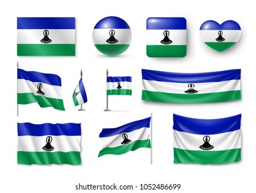 Set Lesotho flags, banners, banners, symbols, flat icon. Vector illustration of collection of national symbols on various objects and state signs