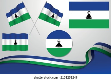 Set Of Lesotho Flags In Different Designs, Icon, Flaying Flags With ribbon With Background. Free Vector