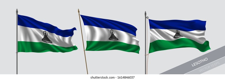 Set of Lesotho waving flag on isolated background vector illustration. 3 wavy realistic flag as a symbol of patriotism 