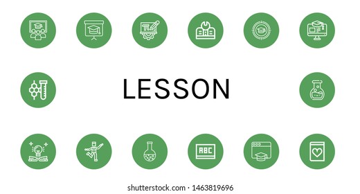 Set of lesson icons such as Class, Blackboard, Mathematics, Education, Zumba, Chemistry, Romantic novel , lesson