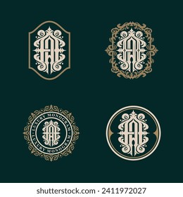 Set of letter A or AA monogram logos template. Premiun, Luxury, Victorian, Vintage, Badge design, Ornament Frame Style. Vector collection good for wedding, fashion boutique, clothing brand and etc