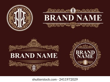 Set of letter A or AA monogram logos template. Premiun, Luxury, Victorian, Vintage, Badge design, Ornament Frame Style. Vector collection good for wedding, fashion boutique, clothing brand and etc