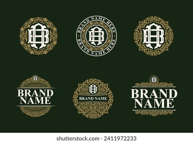 Plantilla de logotipos de monograma AB o BA. Premiun, Lujo, Victoriano, Vintage, Diseño Badge, Estilo de marco adornado. Colección de vectores buena para bodas, boutique de moda, marca de ropa, etc