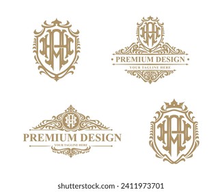 Plantilla de logotipos monográficos AH o HA. Premiun, Lujo, Victoriano, Vintage, Diseño Badge, Estilo de marco adornado. Colección de vectores buena para bodas, boutique de moda, marca de ropa, etc