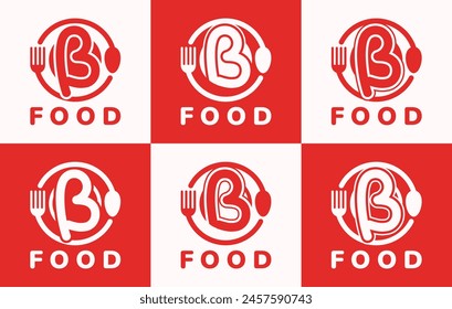 Set of letter B food plate logo. This logo combines letters and cutlery shapes. Perfect for restaurants, food courts, fast food, street food and cafes.