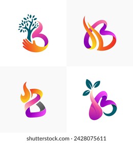 Logotipo de letra B con combinación de diseño de hoja y fuego, estilo 3d