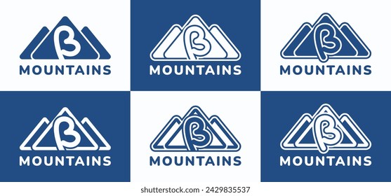 Conjunto de letras B con logotipo de montañas redondas. Este logotipo combina letras y formas de montaña. Adecuado para los amantes de la naturaleza, tiendas de senderismo, tiendas de herramientas al aire libre y similares.