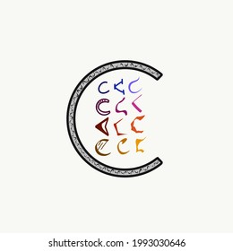 a set of letter c in a big c letter.12 types of letter c in white background with colourfull fonts.