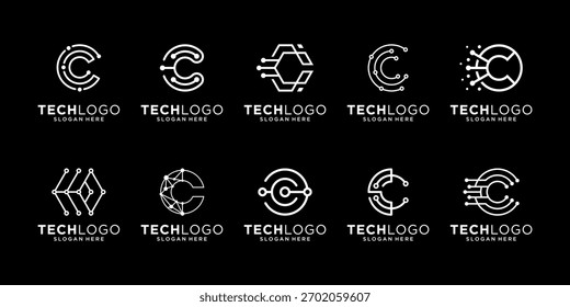 Conjunto de letra C circular con la inspiración del diseño del logotipo de la conexión del circuito, Vector abstracto geométrico del icono del logotipo aislado en fondo negro.