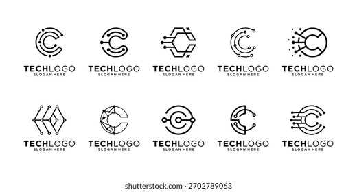 Set of letter C circular with circuit connection logo design inspiration, Geometric abstract logo icon vector isolated on white background.