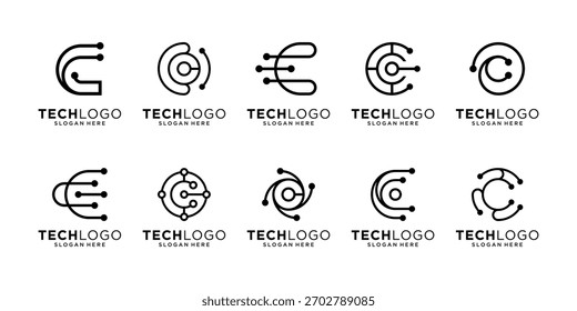Set of letter C circular with circuit connection logo design inspiration, Geometric abstract logo icon vector isolated on white background.