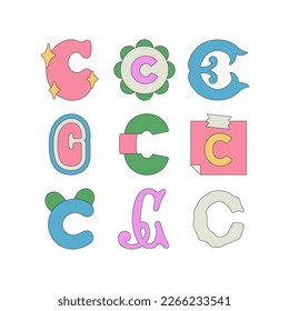 Set with letter C in different styles. Funny cartoon hand drawn style in pastel colors. Preschool education, alphabet concept. Vector illustration isolated on white background.