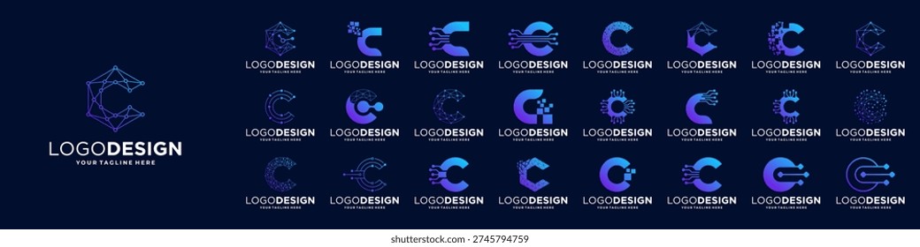 Set of letter C logo design. Symbol of connect, tech, molecule logo template.