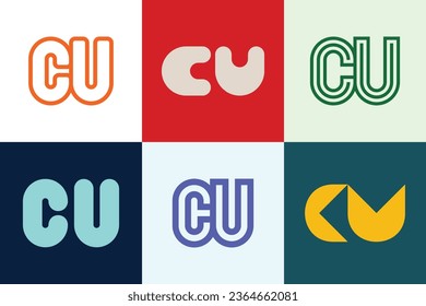 Conjunto de logotipos de CU de letras. Resumen de colección de logotipos con letras. Logotipos geométricos abstractos