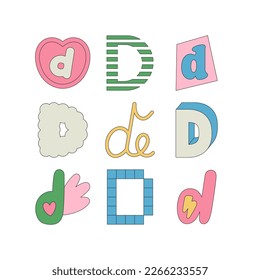 Set with letter D in different styles. Funny cartoon hand drawn style in pastel colors. Preschool education, alphabet concept. Vector illustration isolated on white background.