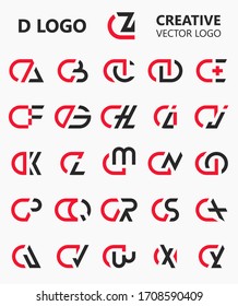 Set of Letter DA to DZ capital logo icon design template elements. Modern line logo with black red flat style. Can be used for business, company group, consulting, finance. Vector Illustration.