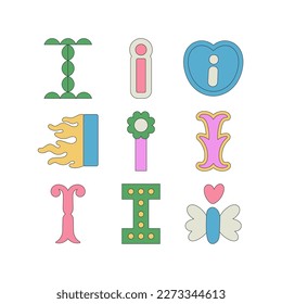 Set with letter I in different styles. Funny cartoon hand drawn style in pastel colors. Preschool education, alphabet concept. Vector illustration isolated on white background.