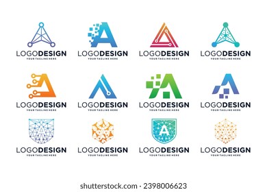 Set of letter A digital logo design. Letter A technology concept.