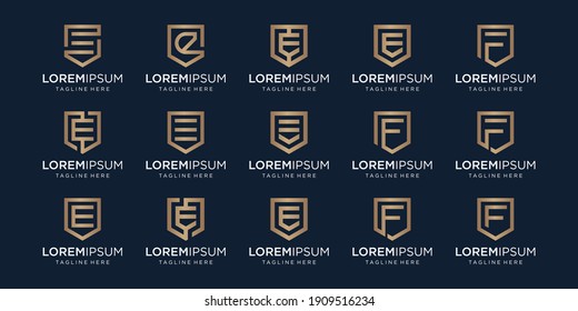 set of letter E F monogram and shield sign combination. Line art logo design. Symbolizes reliability, safety, power, security. luxury logotype.