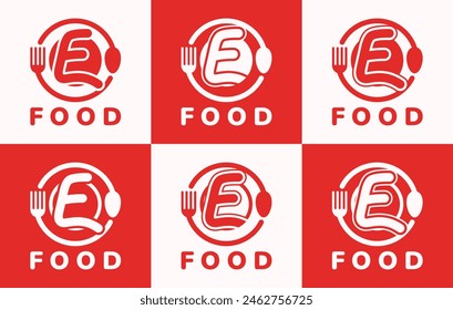 Conjunto de logotipo de la placa de alimentos de la letra E. Este logotipo combina letras y Formas de cubiertos. Perfecto para restaurantes, canchas de comida, comida rápida, comida callejera y cafés.