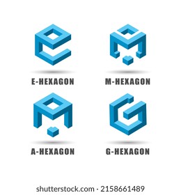 set of letter e, m, a, and g logos, hexagon shape cube design, 3d vector illustration