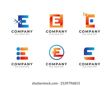 Set of Letter E Modern Vector Logo Collection. Abstract Gradient Initial Letter E Tech Symbol Logo Design. Modern Initial Symbol for Corporate Business Identity. Alphabet Set Vector Logo Illustration