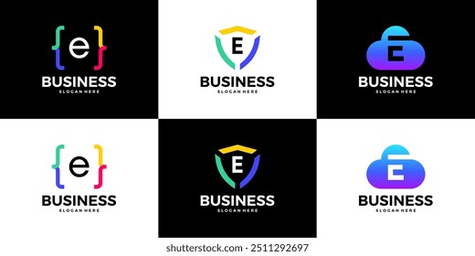 Set of letter E tech cloud, shield, coding logo design template.