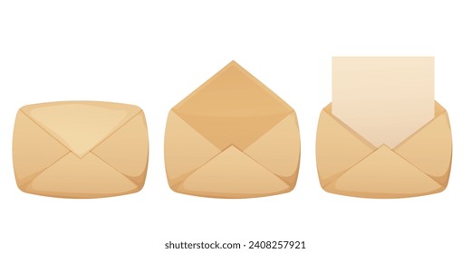 Set letter, envelope from craft paper, parchment in cartoon style. Vintage, old correspondence. Textured and detailed clip art.