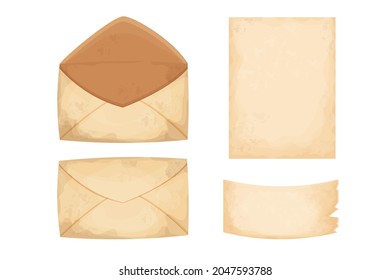 Set letter, envelope, paper and piece of parchment vintage in cartoon style. Retro collection, old correspondence. Textured and detailed clip art.