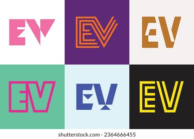 Conjunto de logotipos EV de letras. Resumen de colección de logotipos con letras. Logotipos geométricos abstractos