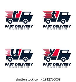 Vorlage für Briefsendungen festlegen Logo-Designs. Illustration, Vektorgrafik von Buchstaben und schnellem LKW Logo Design Konzept. Perfekt für den Zustelldienst, Design des Express-Logos