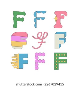 Mit Buchstabe F in verschiedenen Stilen eingestellt. Feiner handgezeichneter Cartoon in Pastellfarben. Vorschulerziehung, Alphabet-Konzept. Vektorgrafik einzeln auf weißem Hintergrund.