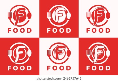Set of letter F food plate logo. This logo combines letters and cutlery shapes. Perfect for restaurants, food courts, fast food, street food and cafes.