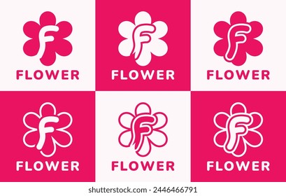 Set of letter F pink flower logo. This logo combines letters and pink flower shapes. Suitable for flower shops, flower farms, accessories shops and the like.