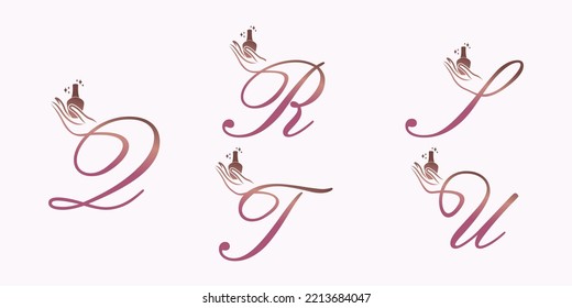 set of letter font logo design vector with nail polish beauty icon