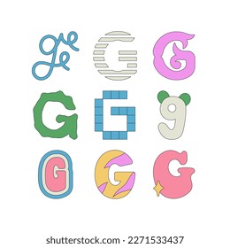 Set with letter G in different styles. Funny cartoon hand drawn style in pastel colors. Preschool education, alphabet concept. Vector illustration isolated on white background.