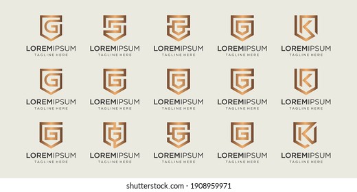 set of letter G K monogram and shield sign combination. Line art logo design. Symbolizes reliability, safety, power, security. luxury logotype.