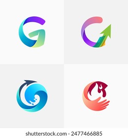 Set letter G logo with 3d colorful, Fire logos, wave icons, and arrow