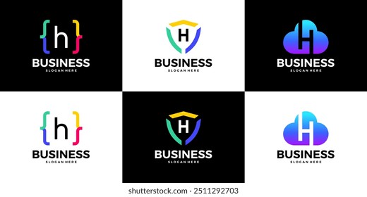 Set of letter H tech cloud, shield, coding logo design template.