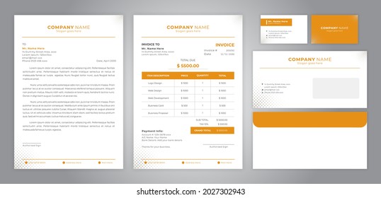 set of letter head, invoice, business card, and envelope design